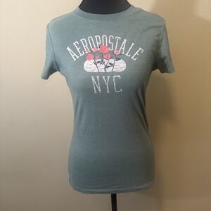 Aeropostale NYC Women's T-shirt Green With Embroidered Roses Junior Size Small